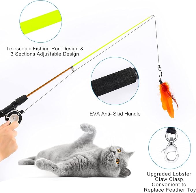 9 PCS Cat Fishing Pole Toy, Retractable Cat Feather Toys - Image 2
