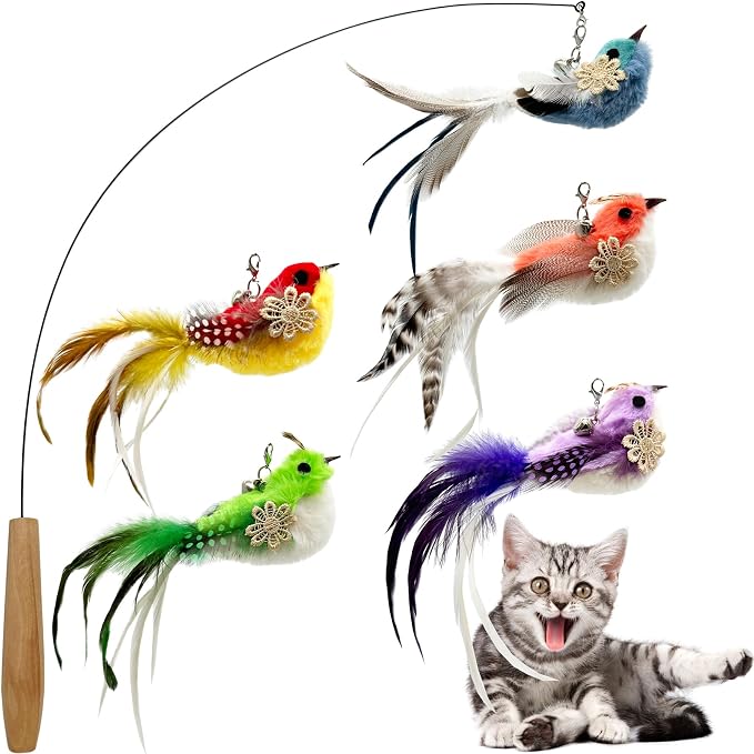 Cat Wand Toy, 6 Pieces Interactive Cat Wand Bird Feather Toys by CATENEED
