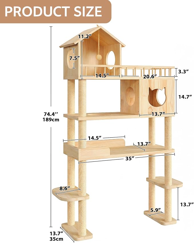 Wood Cat Tree for Automatic Litter Box, 74.4" Tall Cat Tower for Self Cleaning - Image 2
