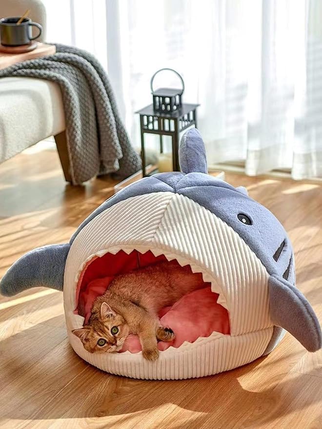 QWINEE Cat Mat Shark-Shaped Kennel Kitten Bed Hideout House Warm Soft - Image 3