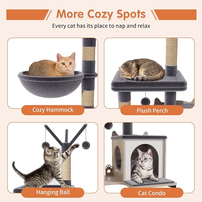Cat Tree with Food Station and Litter Box Enclosure, Plush Hammock in Gray - Image 4