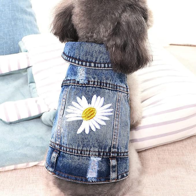 Dog Denim Jacket with Embroidered Daisy, Ripped Vintage Jean Vest - Image 4
