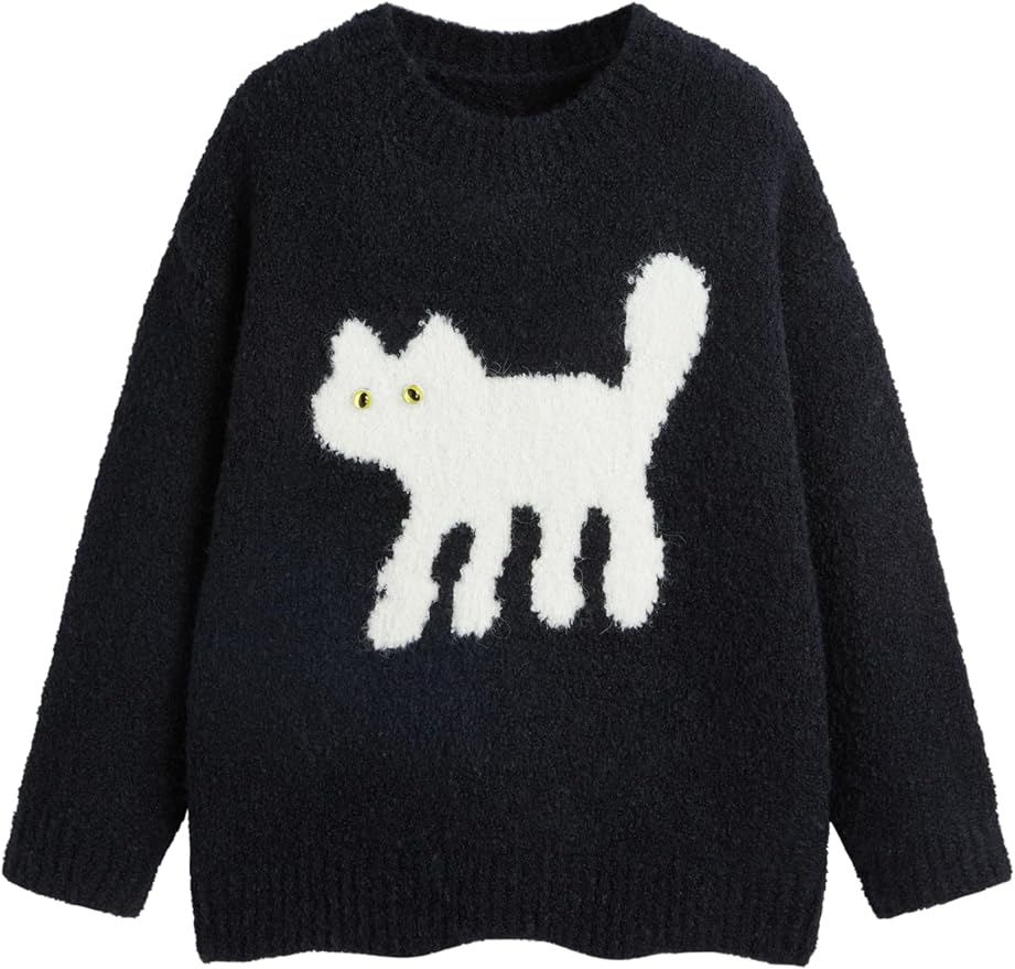 CIDER Women’s Cat Sweater Long Sleeve Crew Neck Fun Graphic Cute Patterned by CIDER
