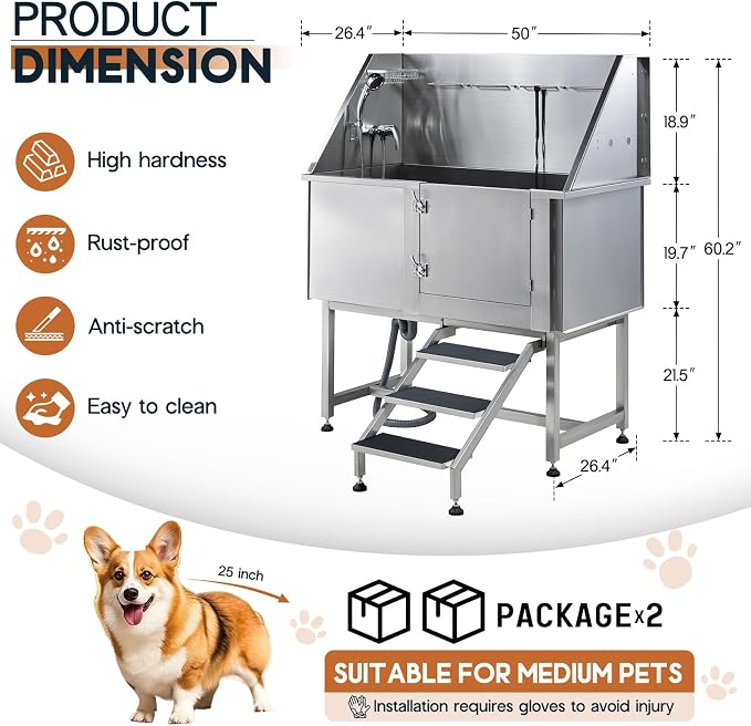 Albott 50 Inch Stainless Steel Dog Washing Station with Non-Slip Steps, Sprayer, Faucet, Soap Box – Professional Pet Bathtub for Small and Medium Pets, Use at Home, Garage, or Grooming (Right Door) - Image 5