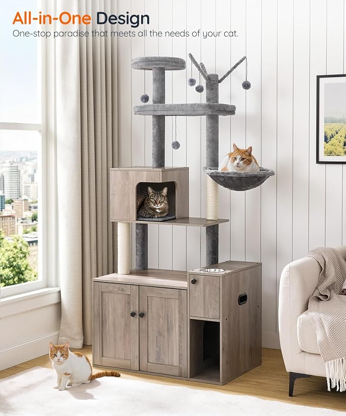 HOOBRO Cat Tree with Litter Box Enclosure, 68.9" H Cat Tower with Food Bowl and - Image 2