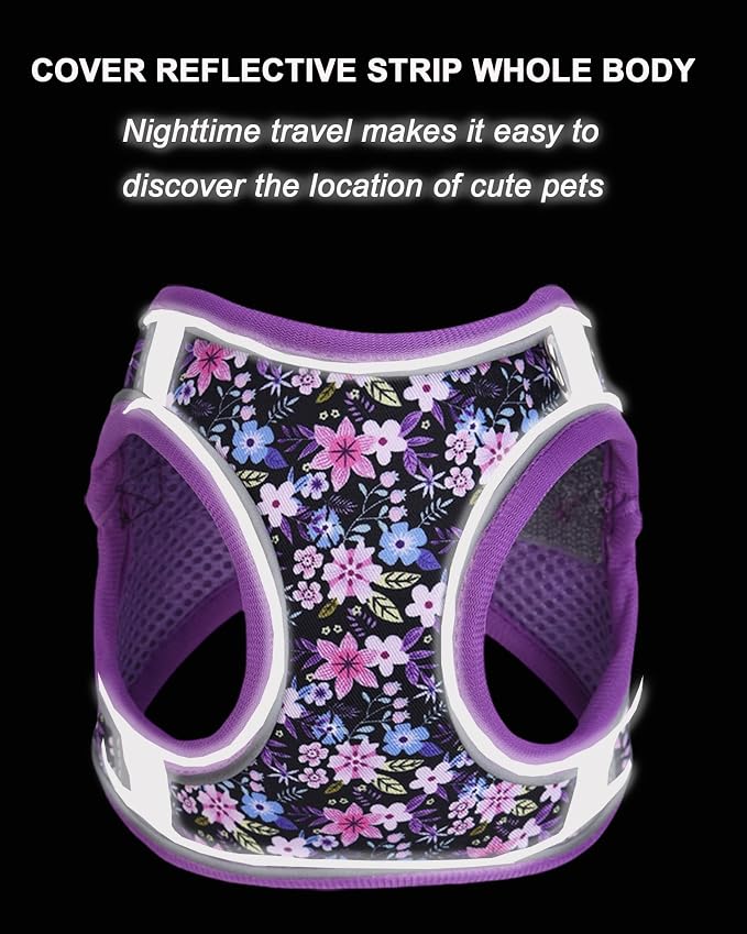XXS Purple Flower Pattern Dog Harness and Leash Set, No Escape Puppy Harnesses - Image 5