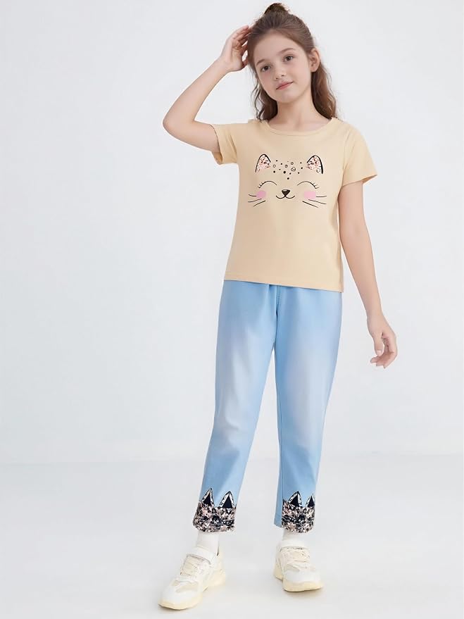 4-8T Toddler Girl Clothes Cat face print Short Sleeve Top+Pants Outfits Girl - Image 2