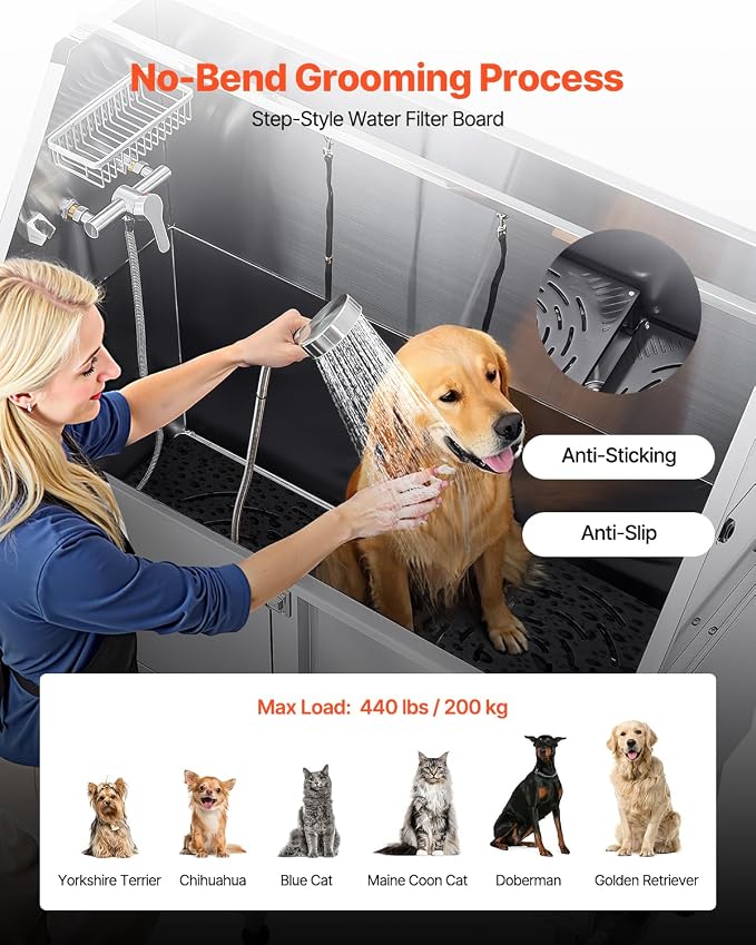 VEVOR Stainless Steel Dog Washing Station, Professional 62 inch Pet Grooming Tub w/Ramp, PE Water Filter Board, Faucet & Showerhead & Soap Holder Bathtub for Large & Medium & Small Pets (Left Door) - Image 4