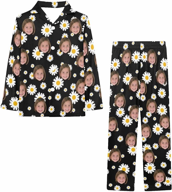 Artsadd Girls Pajamas Set Custom Face Pet Photo Long Sleeve Sleepwear - Image 3