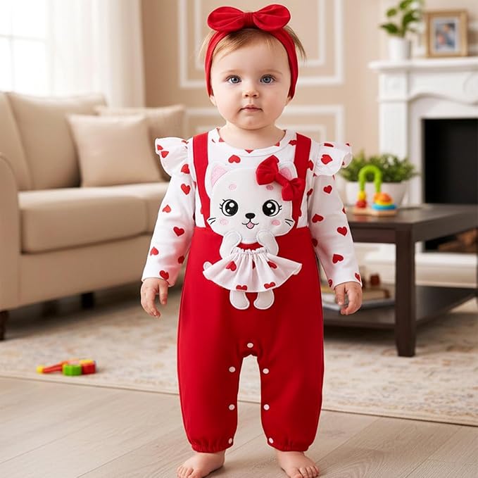 Baby Girl Clothes Newborn Romper Cute Cat Ruffled Long Sleeve Love Fall Winter - Image 3