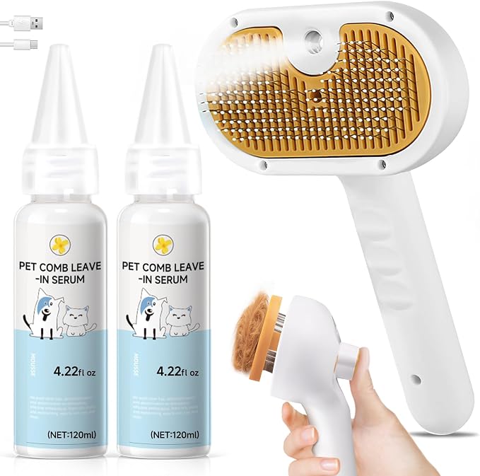 Pet Steam Brush for Dog & Cat – 3-in-1 Spray Hair Removal Comb for Shedding & by VVWVVW