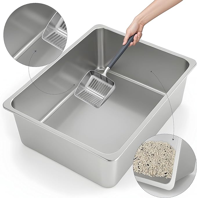 Kirecoo Stainless Steel Cat Litter Box, Small Metal High Sided Cat Pan Box - Image 3