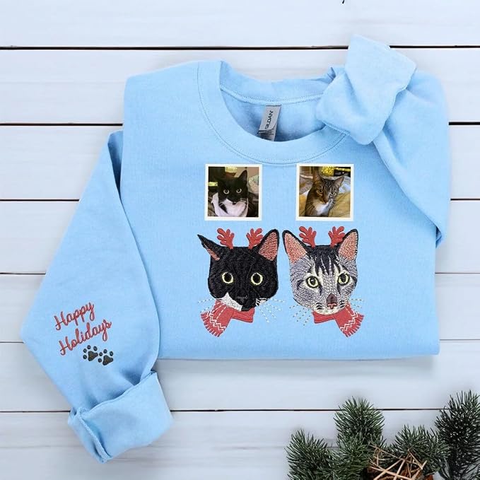 COUPLEHOODIES Custom Pet Christmas Sweatshirt – Embroidered Cat or Dog Portrait - Image 7
