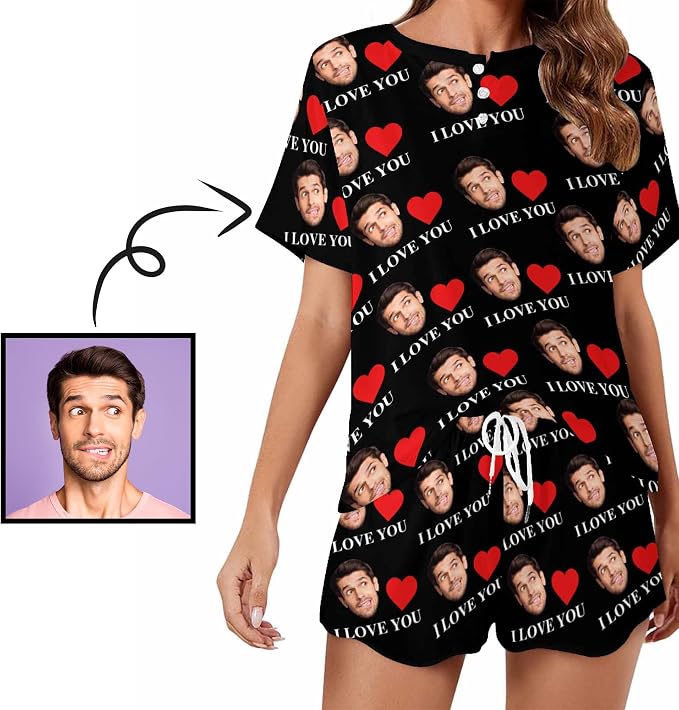 Custom Short Pajamas Set with Face Photo Women‘s Sleepwear Tee Personalized PJ - Image 2