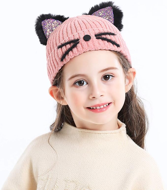 Bellady Mother Children Sequin Cat Ears Hats Warm Knit Crochet Beanies Cute - Image 3