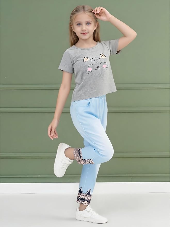 4-8T Toddler Girl Clothes Cat face print Short Sleeve Top+Pants Outfits Girl - Image 5