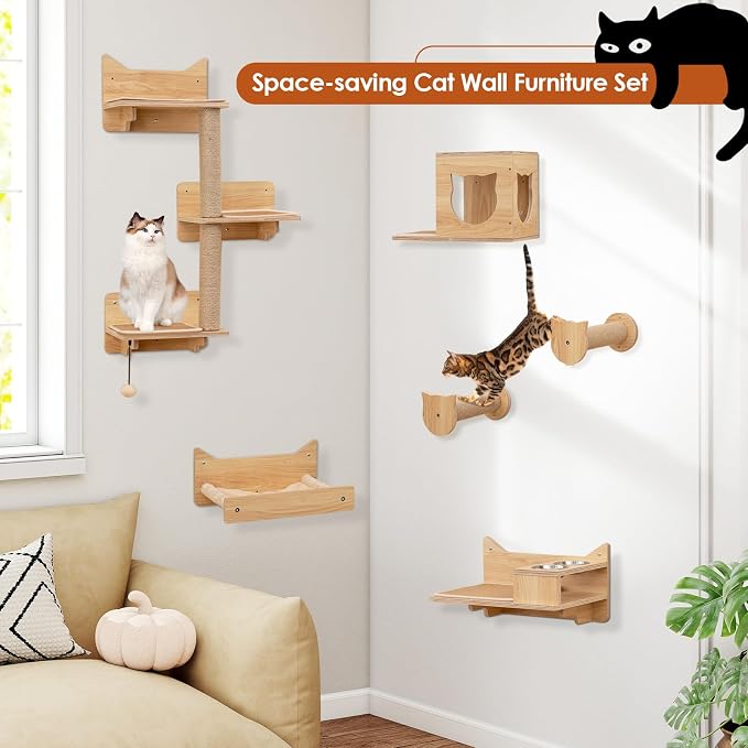 Tangkula Cat Wall Shelves, 6 Pieces Wooden Wall Mounted Kitten Furniture Set - Image 7
