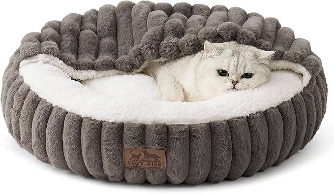 Cat Bed with Hooded Blanket, Round Fluffy Anti-Anxiety Pet Bed by COZYKISS