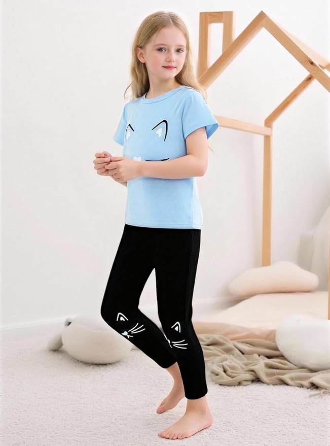 4-8T Toddler Girl Clothes Cat face print Short Sleeve Top+Pants Outfits Girl - Image 2