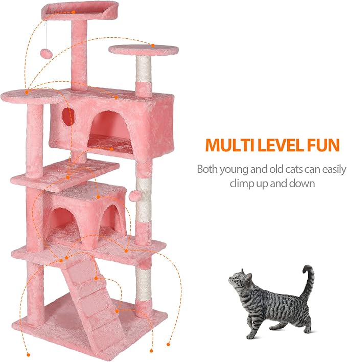 ZENY 54 Inch Cat Tree, Pet Furniture in Pink - Image 4