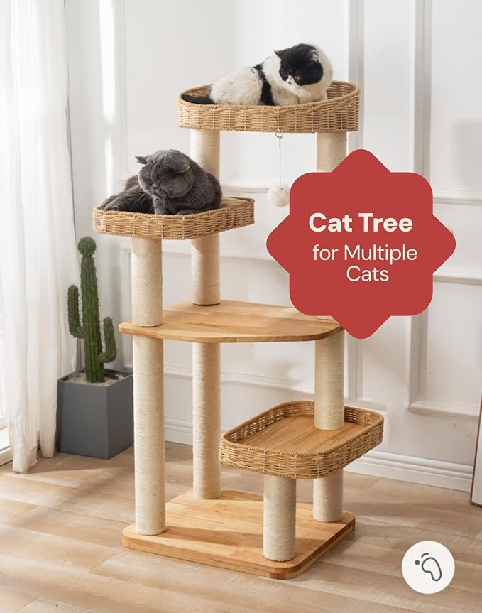 SHENGOCASE Modern Natural Wood Wooden Cat Tree Tower, 3 Large Rattan Wicker - Image 4