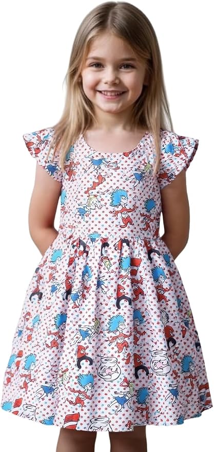 Baby Girls Spring Summer Cat in The Hat Dress Girls Flutter Sleeve Boutique - Image 2