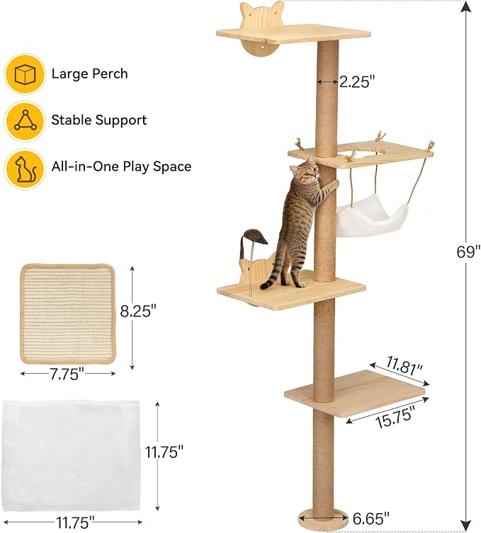 COZIWOW Cat Tree Wall Mounted 4 Tier Cats Climbing Tower 69" Sisal Scratching - Image 7