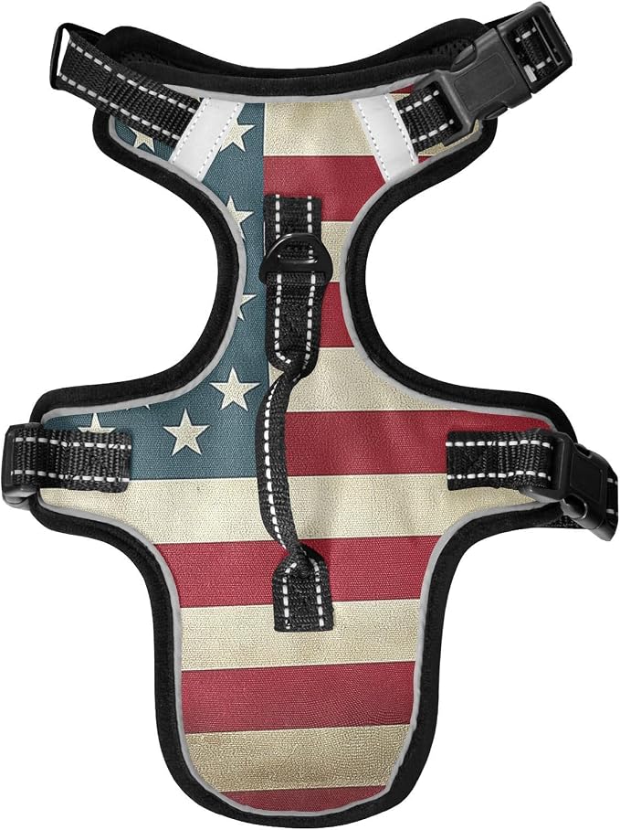 Vintage American Flag Dog/Cat Harness, Reflective No-Pull Pet Harness by KEEPREAL