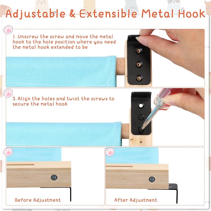 Pinkunn 2 Set Cat Window Sill Perch Adjustable Wood Small Cat Window Hammock - Image 4
