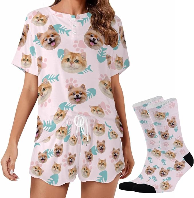 Custom Short Pajamas Set with Face Photo Women‘s Sleepwear Tee Personalized PJ by Jaydouble