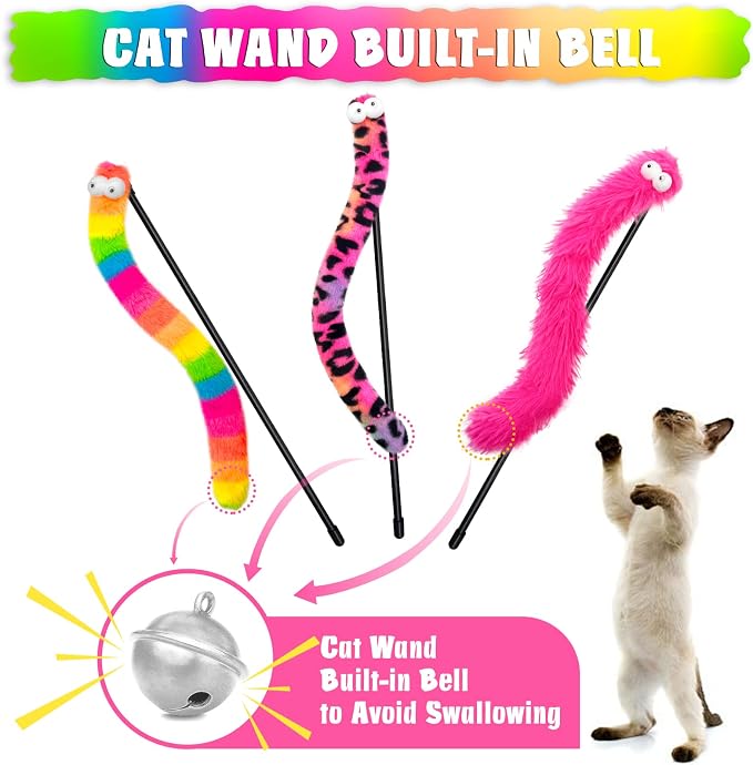 3 Pack Cat Wand Toy, Rainbow Cat Feather Toys - Image 2