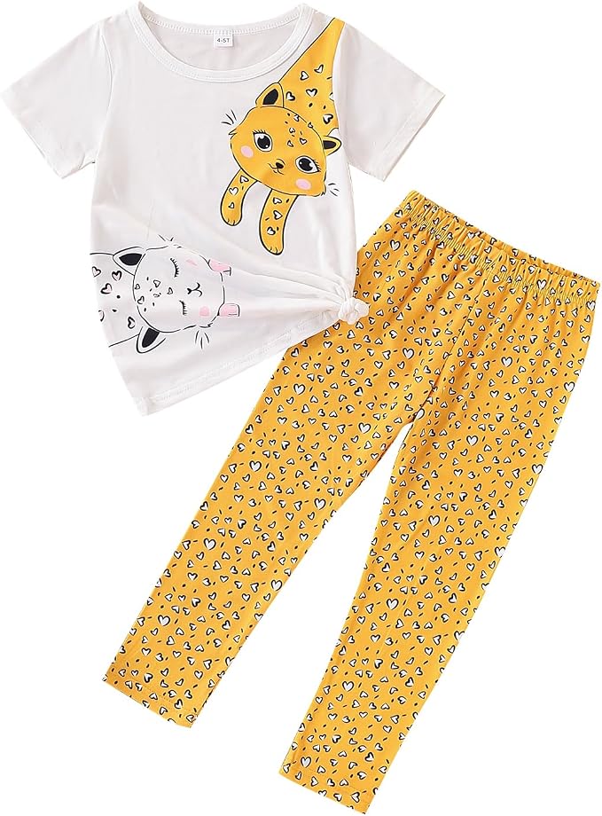 4-8T Toddler Girl Clothes Cat face print Short Sleeve Top+Pants Outfits Girl by Unknown
