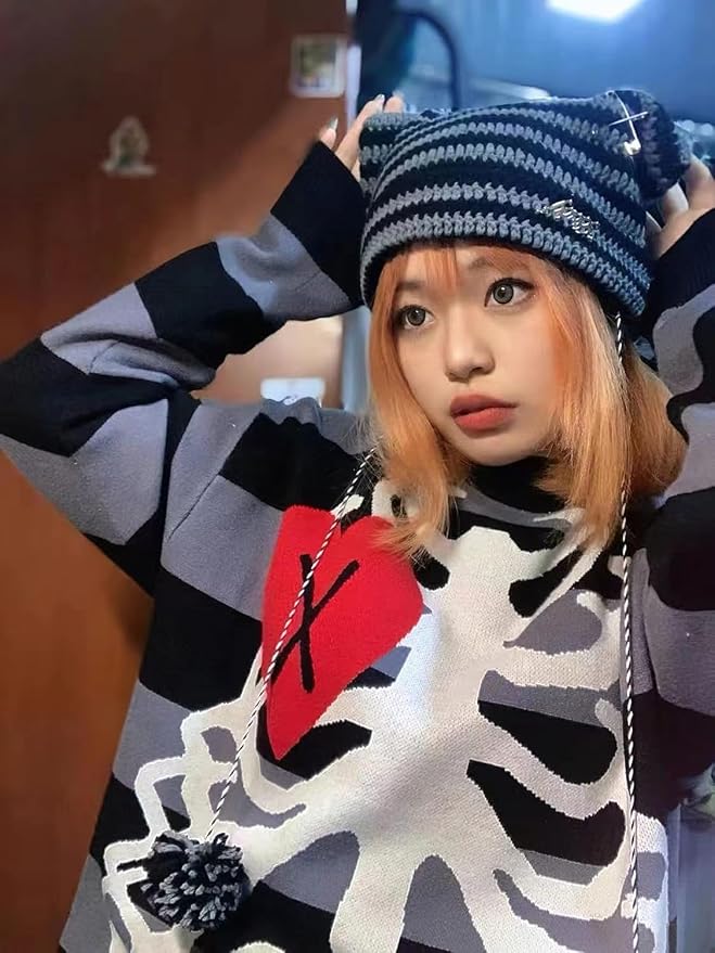Y2k Beanies Crochet Knitted Cat Hats Goth Cross Devil Hat Striped Alt Emo - Image 6