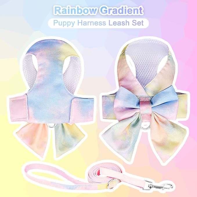 PETCARE Cute Bow Tie Dog Harness and Leash Set Elegant Rainbow Gradient Puppy - Image 3