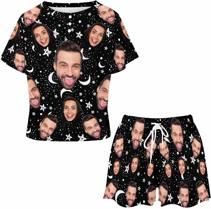 Custom Short Pajamas Set with Face Photo Women‘s Sleepwear Tee Personalized PJ - Image 4