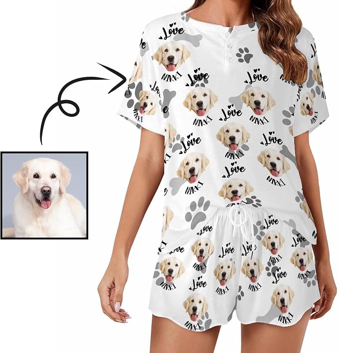 Custom Short Pajamas Set with Face Photo Women‘s Sleepwear Tee Personalized PJ - Image 2
