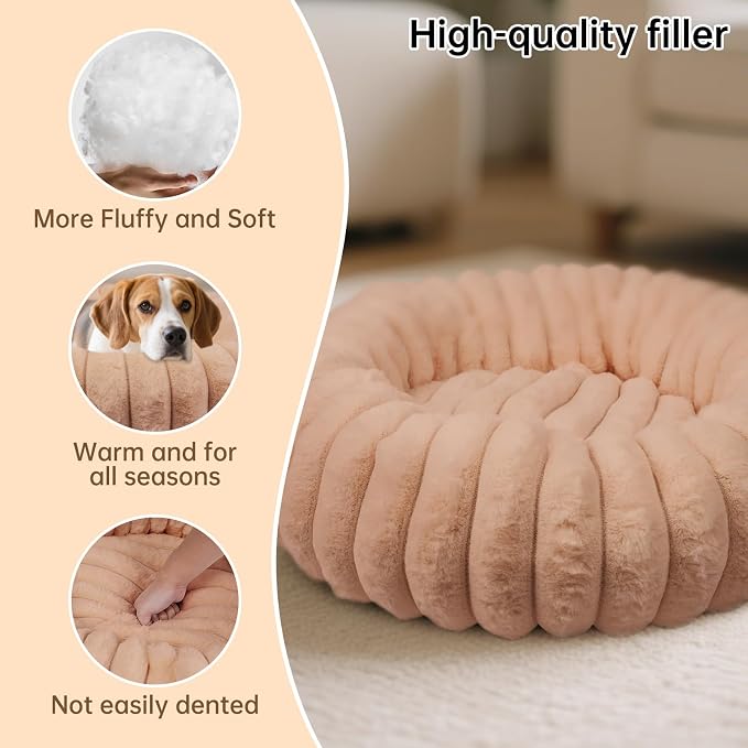 Donut Dog and Cat Bed, Luxurious Comfortable Faux Rabbit Fur Pet Beds, Round - Image 5