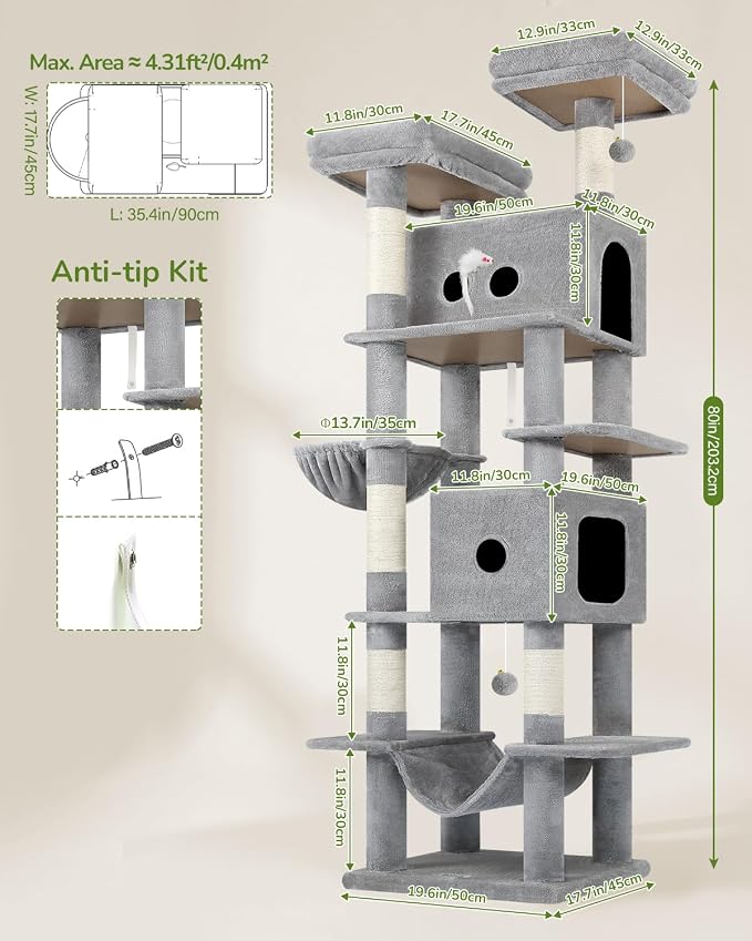 Globlazer Heavy Duty Cat Tree Tower 80in Tall Extra Large Cat Tree Tower - Image 6