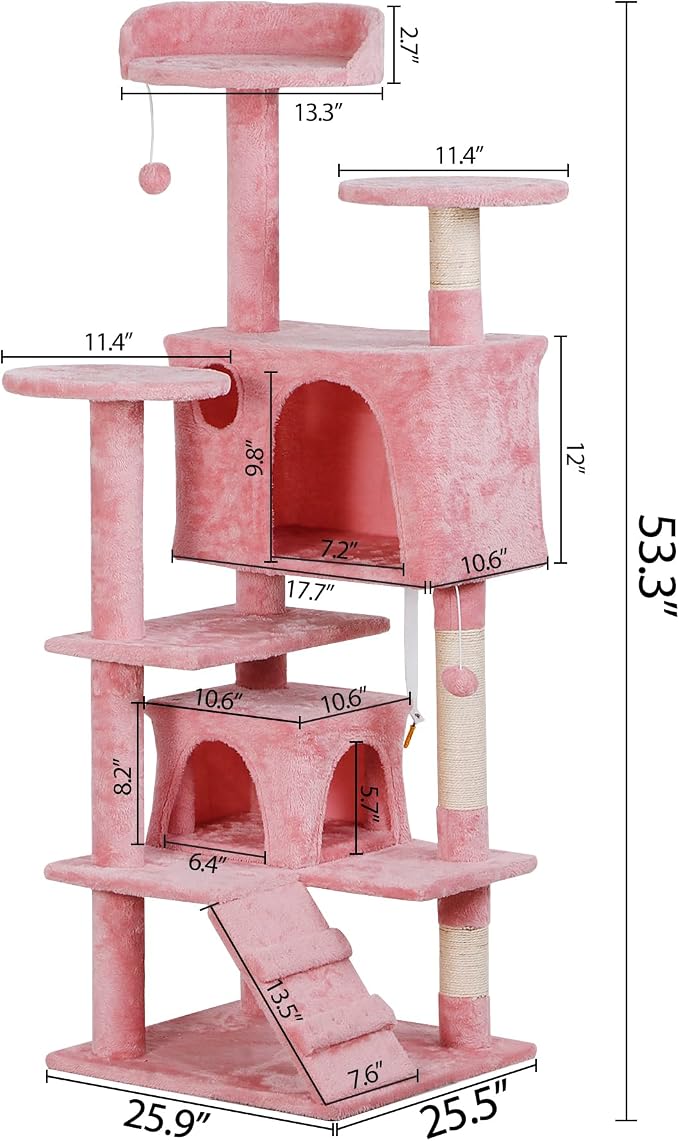 ZENY 54 Inch Cat Tree, Pet Furniture in Pink - Image 7