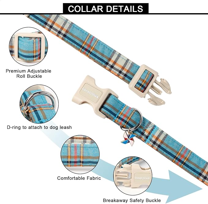 Lionet Paws Boy Dog Collar- Cute Blue Plaid Dog Collars - Image 2