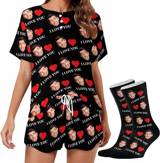Custom Short Pajamas Set with Face Photo Women‘s Sleepwear Tee Personalized PJ by Jaydouble