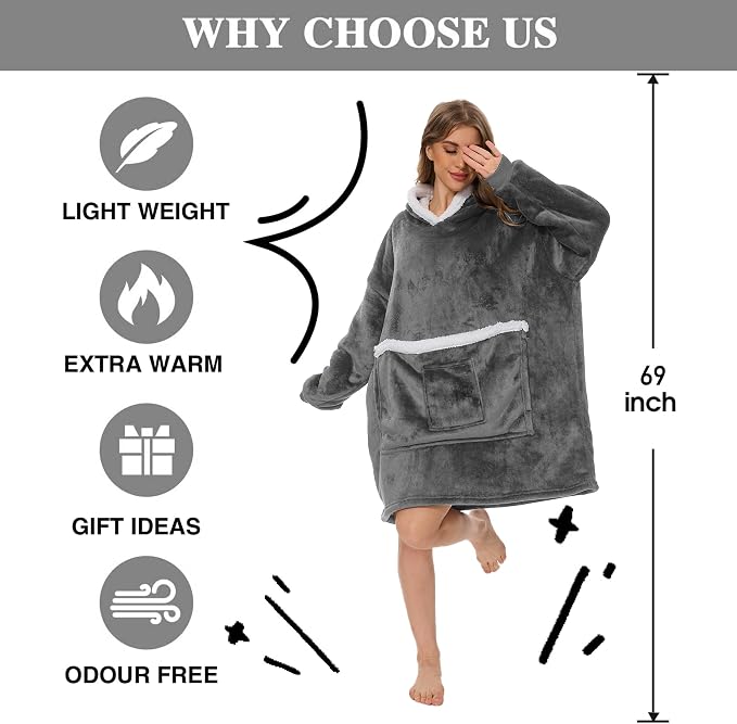 Wearable Blanket Hoodie with Giant Pocket, Soft Warm Sherpa Fleece Oversized - Image 3