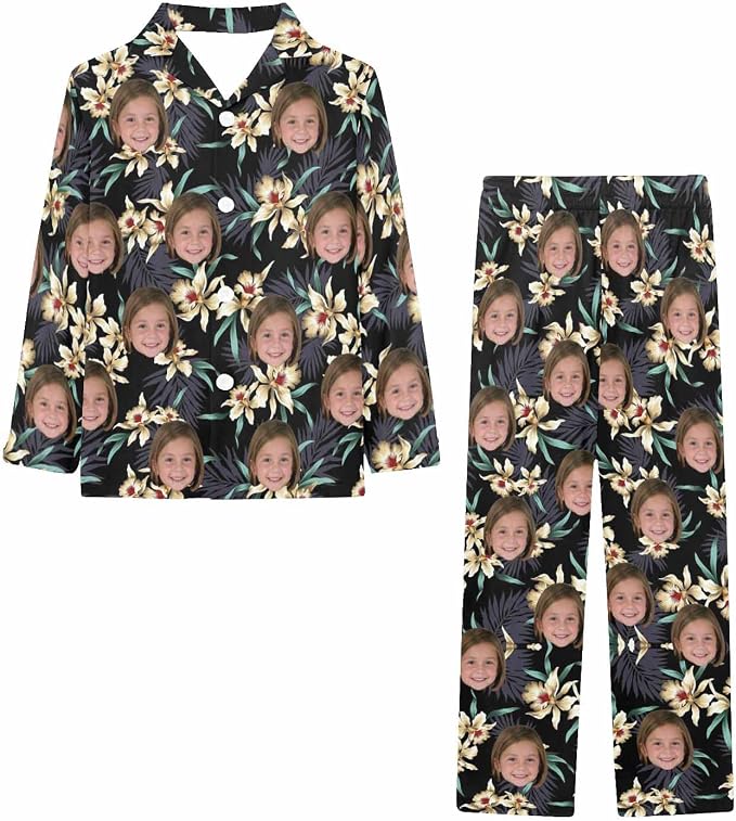 Artsadd Girls Pajamas Set Custom Face Pet Photo Long Sleeve Sleepwear - Image 3