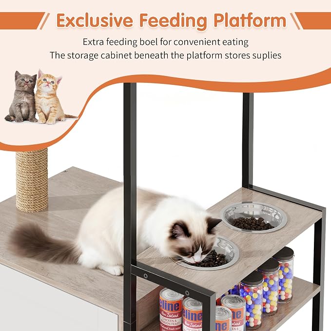 Cat Tree with Food Station and Litter Box Enclosure, Plush Hammock in Gray - Image 5