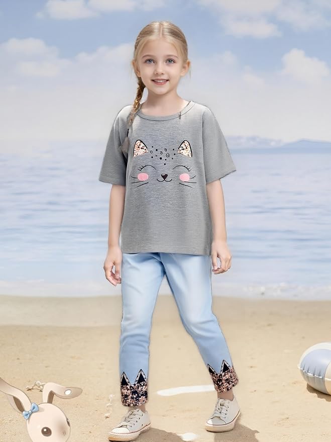 4-8T Toddler Girl Clothes Cat face print Short Sleeve Top+Pants Outfits Girl - Image 6
