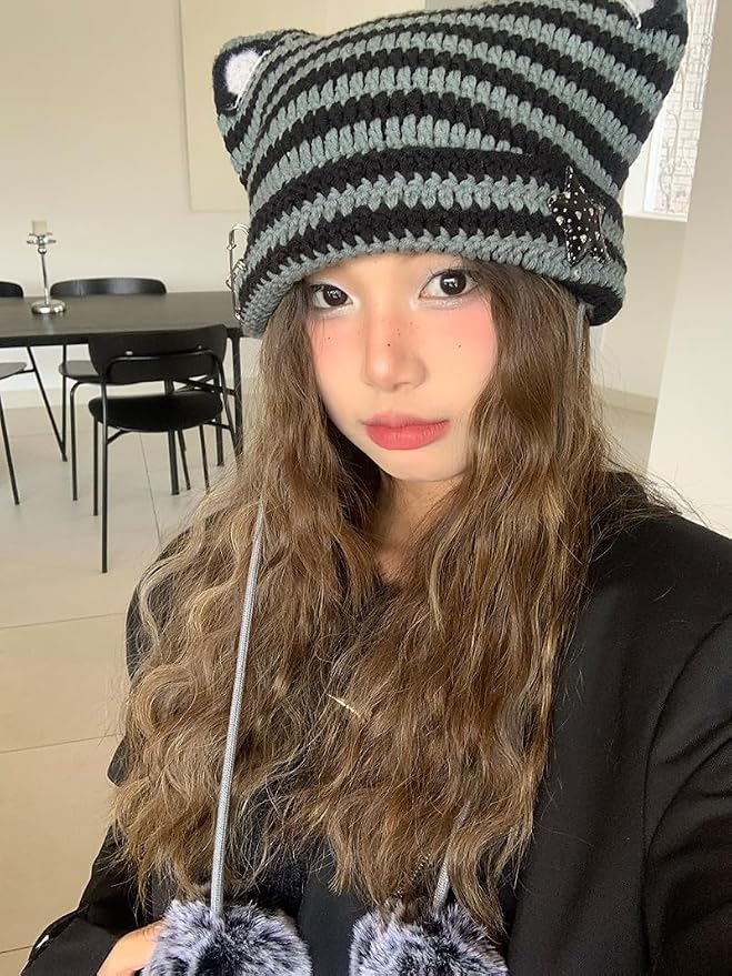 Y2k Beanie Cat Ear Gyaru Acubi Devil Crochet Hats Cute Kawaii Star Grunge - Image 3