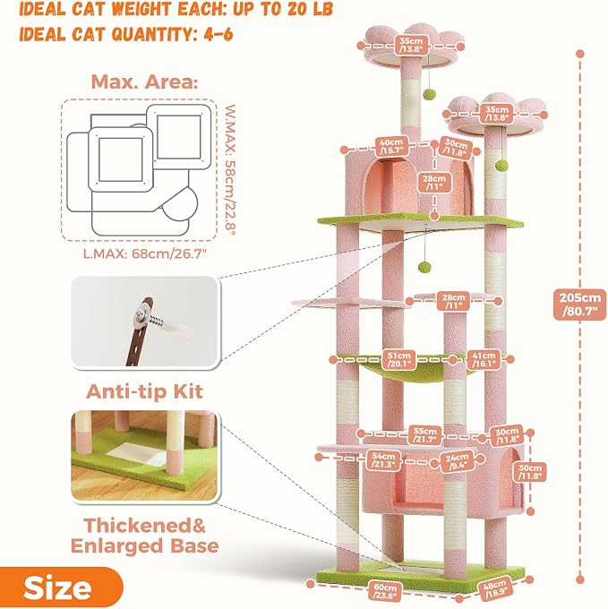 PAWZ Road Flower Cat Tree for Large Cats, 81 Inches Pink Tall Cat Tower - Image 3