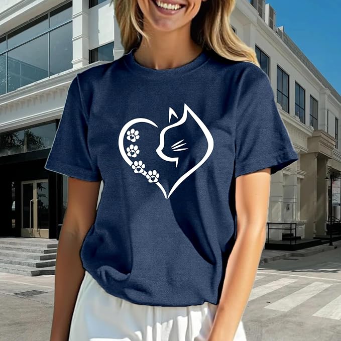 Cat Shirts for Women Cat Mom Tshirts Pet Lover Shirt Cats Paw Print Tee Tops - Image 2