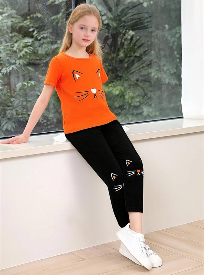 4-8T Toddler Girl Clothes Cat face print Short Sleeve Top+Pants Outfits Girl - Image 5