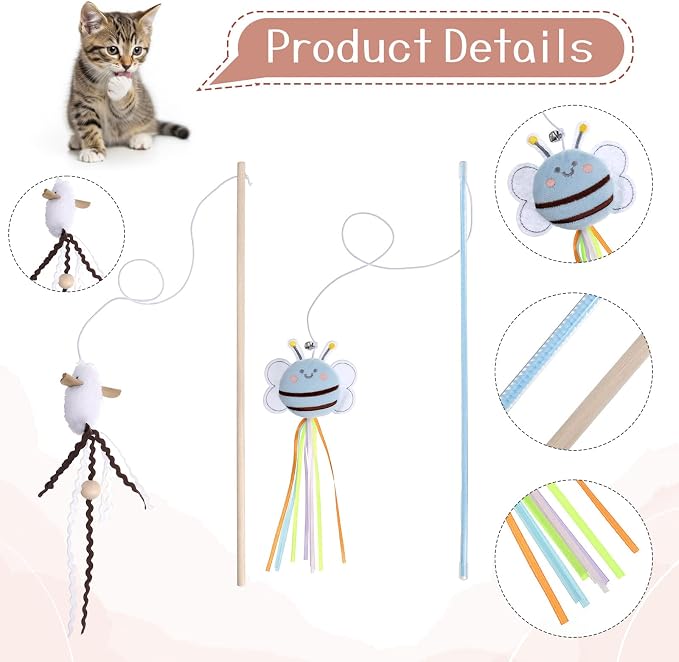 2 PCS Cat Wand Toy Set 16 Inch Wooden Teaser Wands - Image 3